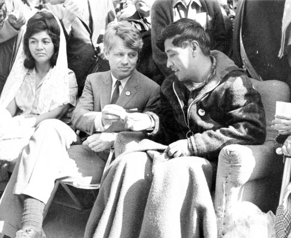 Cesar Chavez breaks his 25-day fast by accepting bread from Senator Robert Kennedy, Delano, California.